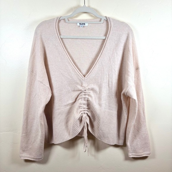 525 America Ruched Front Pullover 100% Cashmere Sweater Sz XS/S Cream Beige Soft - Picture 1 of 7